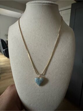 Gold Chain Necklace with Light Blue Pave Heart Pendant - Women Jewelry